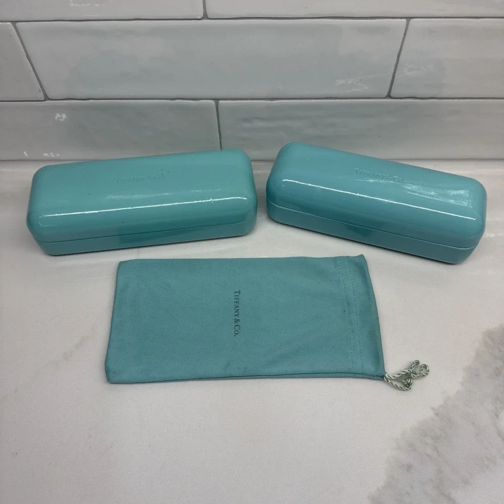(2) Tiffany & Co Blue Hard Sunglasses Eyeglasses Case W/ Microfiber Pouch/Cloth